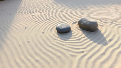 Zen garden with two stones in the sand, creating a peaceful and balanced scene