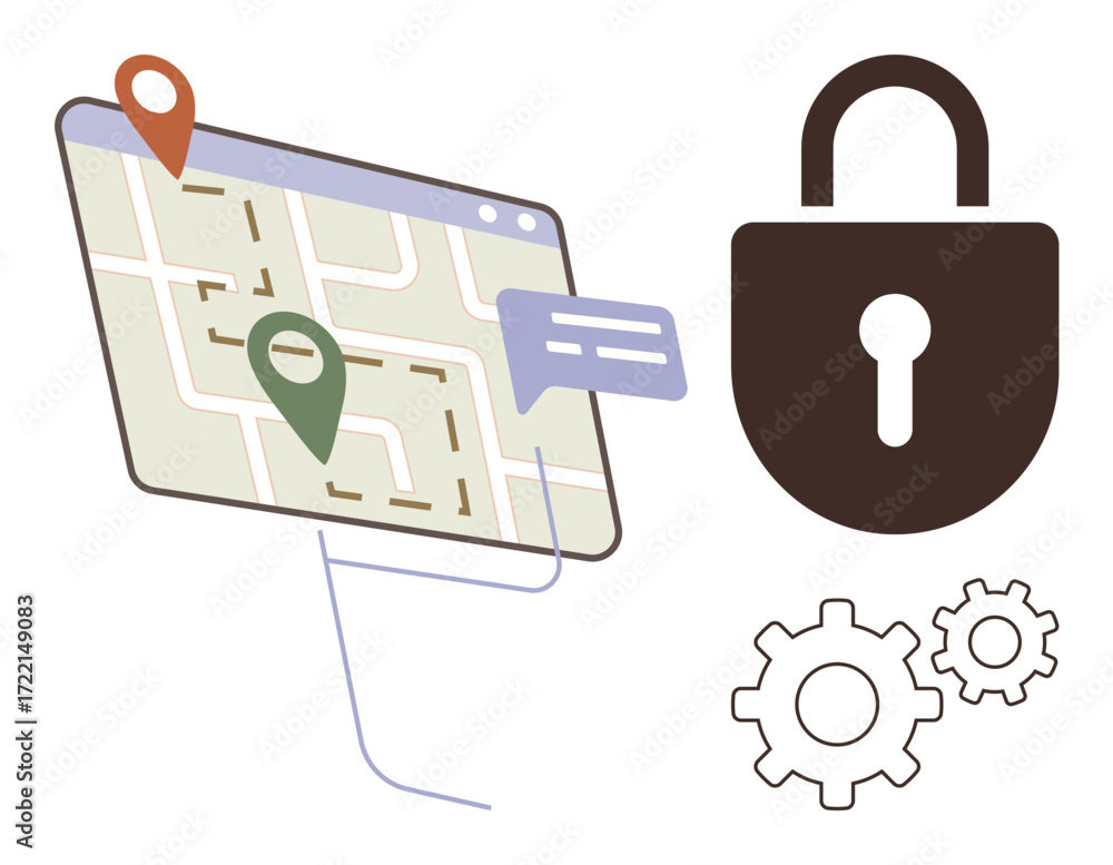 Poster browser window with map and location pins, speech bubble, lock image, and gears. ideal for navigatio