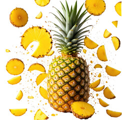 Ripe pineapple exploding, studio shot, juicy slices, vibrant yellow background, food advertising