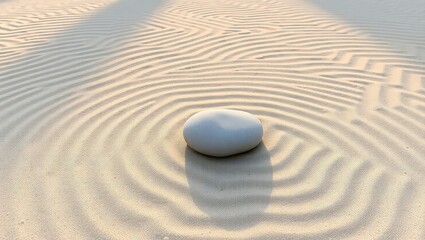 Zen garden with a single stone in the sand, creating a peaceful and calming effect