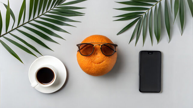 Orange wearing sunglasses with coffee and smartphone on a light background