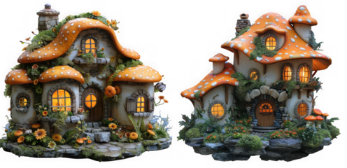 Two whimsical mushroom houses isolated on transparent background, showcasing fantasy architecture and fairy tale dwellings with intricate details and glowing windows