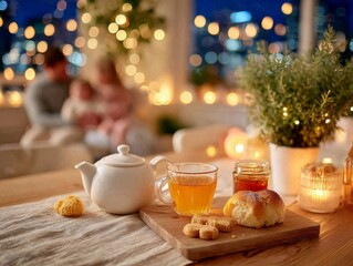 Disfrute de una noche acogedora con té y galletas en un entorno iluminado y familiar