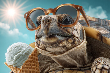 Cool turtle enjoys summer ice cream treat wearing sunglasses sunny day