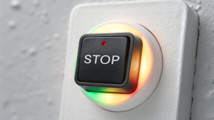 Close up of a glowing red stop button with colorful light