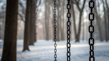 Empty swing set chains in a snowy winter forest landscape