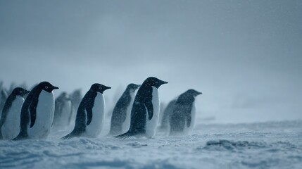 Fototapeta premium A line of penguins walks on a snowy field, leading a group of others