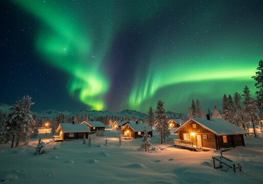 Snow-covered Nordic village under northern lights with cozy glowing wooden cabins