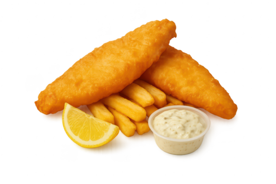 Classic fish and chips with lemon and tartar sauce isolated on transparent background