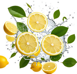 Fresh lemons splashing water, vibrant citrus, leaves, background black, food advertising