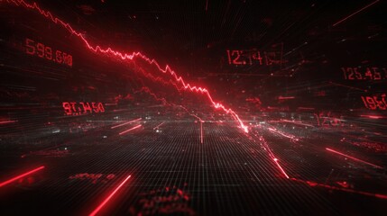 Abstract digital representation of a financial crisis, showcasing a downward trend with red data lines and numbers, symbolizing economic downturn and market volatility