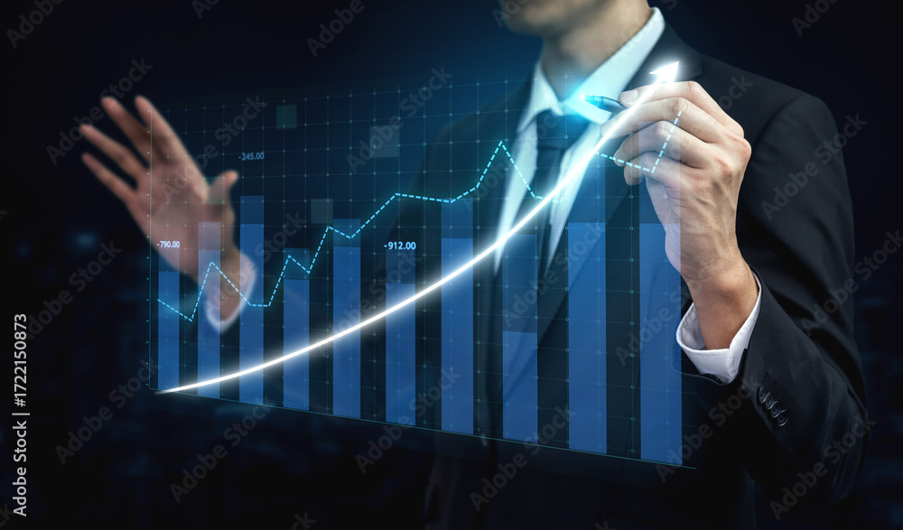 Poster a businessman uses digital tools to analyze financial data, focusing on growth trends and performanc