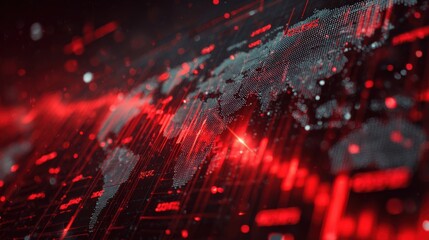 Abstract digital illustration depicting a global finance crisis with red data streams and a world map, symbolizing economic turmoil and market fluctuations in a modern context