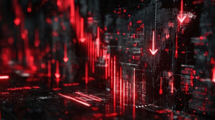 Abstract digital visualization of finance crisis with downward arrows and red data streams, illustrating market decline and economic challenges in a futuristic environment