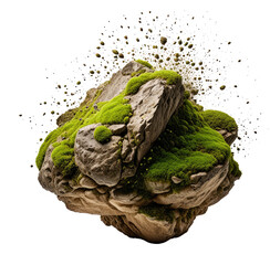 Mossy rocks levitating, particles, dark background, game asset