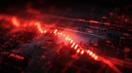 Abstract digital financial crisis visualization with fluctuating red graphs and data points illustrating market volatility and economic uncertainty in a modern context