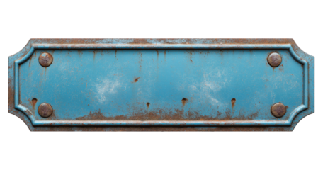 Rusty Blue Metal Sign With Rivets And Ornate Edges isolated on a transparent background