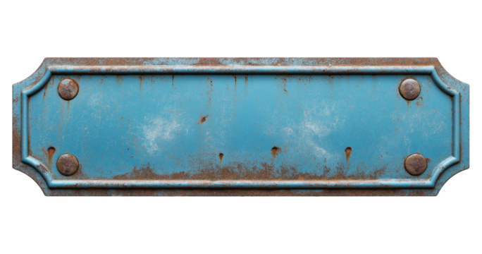 Rusty Blue Metal Sign With Rivets And Ornate Edges isolated on a transparent background
