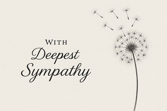 Sympathy card with dandelion isolated on white background, expressing condolences
