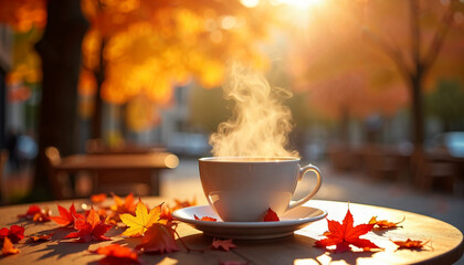 Red cup of hot drink with steam on a wooden outdoor table. Cozy autumn morning or afternoon in a cafe. Fall season still life.