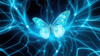 A blue butterfly surrounded by glowing blue energy streams on a dark background