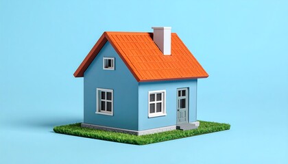Small house model on a grassy patch against a light blue background