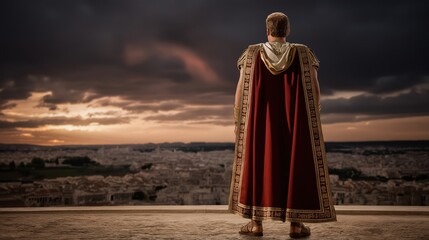 At twilight, David stands alone on the palace rooftop, gazing toward the horizon, enveloped in quiet reflection, solitude, and the weight of kingship.