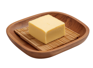 Butter Block on Bamboo Mat in Wooden Bowl Keywords: butter, block, yellow, food, dairy, edible isolated on a transparent background