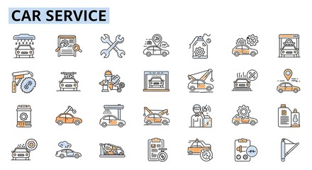 Car Service Icons Set Comprehensive Collection for Auto Repair, Maintenance, and Transportation
