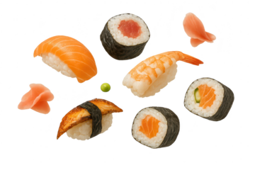 Assorted sushi pieces on a transparent background, isolated delicious food