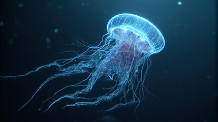    a jellyfish atop dark blue water with multiple bubble patterns surrounding its head