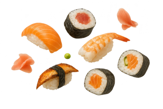 Assorted sushi pieces on a transparent background, isolated delicious food