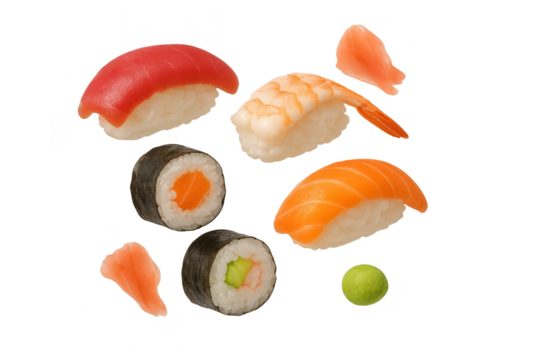 Assortment of Japanese sushi pieces on a transparent backdrop, delicious food
