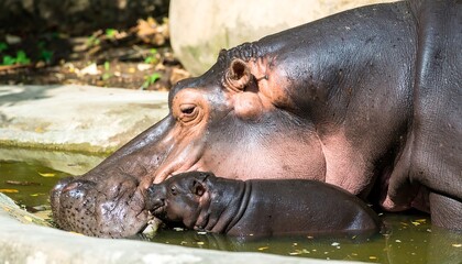 Hippopotamus mother and calf in water