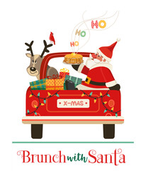 Brunch with Santa Funny Festive event vector poster. Cute Santa deliver pancakes in red truck. Fun breakfast Christmas kids enjoy. New Year eve festive menu invitation background cartoon illustration