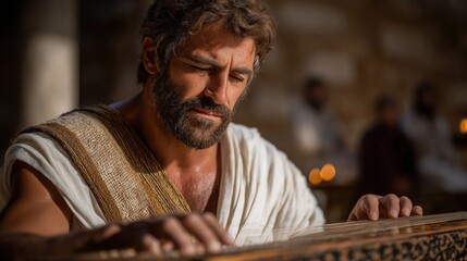 David plays the harp before King Saul by candlelight, filling the room with music that soothes, inspires, and conveys devotion, skill, and heartfelt artistry.