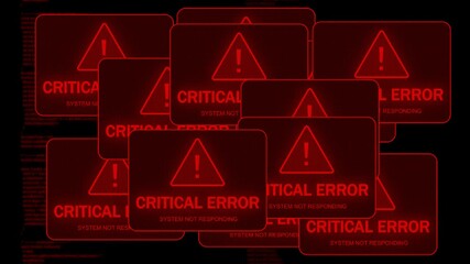 Critical error system crash animation with multiple red warning popups, pixel grid, and glitch effect. Hacking screen style, computer crash, system not responding, error alert, cyber attack failure. - Powered by Adobe