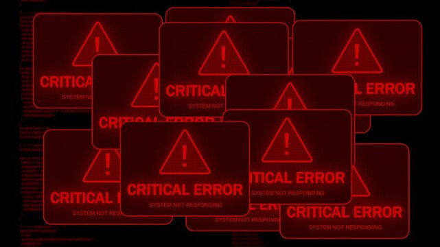 Critical error system crash animation with multiple red warning popups, pixel grid, and glitch effect. Hacking screen style, computer crash, system not responding, error alert, cyber attack failure.