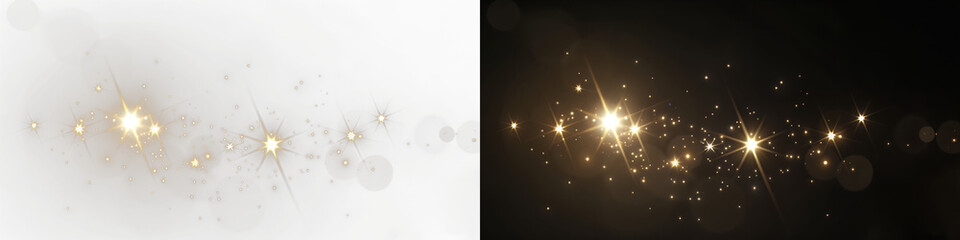 Gold Star glow with bright sparkles. Abstract shining dust lights on dark background for space, fantasy, and design. PNG © Russell Edwards