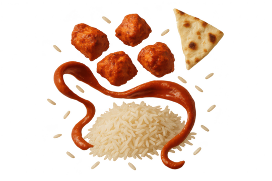 Delicious Indian Thali with Rice, Naan, and Curry Balls Isolated on Transparent