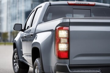 Fototapeta premium A detailed rear driver's side view of a gray pickup truck, showcasing its illuminated modern taillight design while parked outdoors.