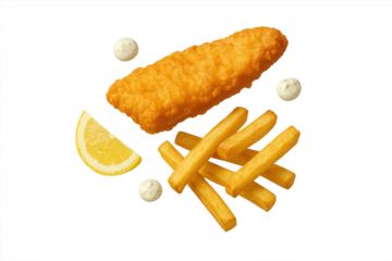 Delicious fried fish and chips isolated on transparent background, complete meal