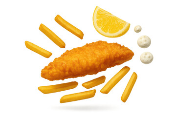 Classic fish and chips meal with lemon and sauce, isolated on transparent background
