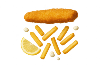 Classic fish and chips composition isolated on transparent background, tasty