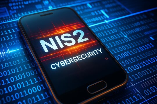 Nis2 cybersecurity directive on a smartphone with binary code background