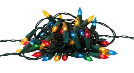 Tangled christmas lights isolated on transparent background, ready to decorate your home