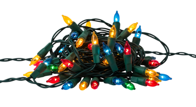 Tangled christmas lights isolated on transparent background, ready to decorate your home