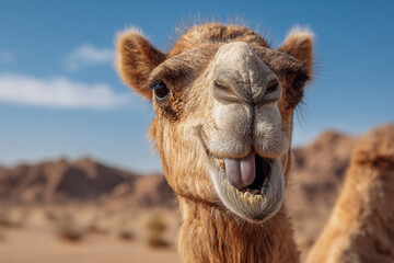 A funny camel sticking its tongue out in the desert a close up