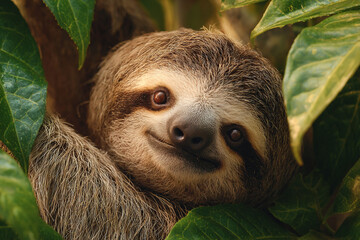 Adorable sloth nestled in lush green leaves a close up portrait showing its sweet face