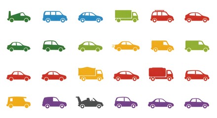 Colorful vector vehicle icons featuring diverse cars, trucks, and vans in a modern flat design, ideal for transportation apps, websites, and user interface graphics